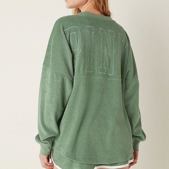 Victoria’s Secret Pink Varsity Terry Cloth V Neck Oversized Pullover Soft Pine - Picture 1 of 5